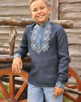 Boys’ dark blue embroidered linen shirt with stand collar and soft two-tone ornament