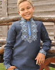 Navy linen boys’ vyshyvanka with light blue and milky geometric embroidery