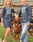 Navy boys’ Ukrainian-style embroidered shirt with transformable sleeves