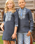 Navy Linen Boys’ Vyshyvanka with Light Blue and Milky Geometric Embroidery
