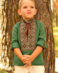 Green boys’ Ukrainian-style embroidered shirt with long sleeves and brown embroidery
