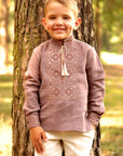 Boys’ cocoa embroidered linen shirt with stand collar and traditional ornament