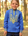 Boys’ blue embroidered linen shirt with Ukrainian coat of arms motif