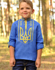 Blue boys’ Ukrainian-style embroidered shirt with long sleeves and yellow Trident design