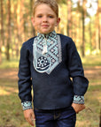 Navy boys’ festive shirt with stand collar and detailed cultural embroidery