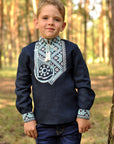 Boys’ navy embroidered linen shirt with light blue and white ornament