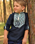 Navy linen boys’ vyshyvanka with embroidered bandura motif and transformable sleeves