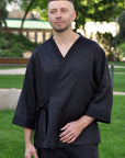 Men’s Black Linen Kimono Set with Relaxed Pants