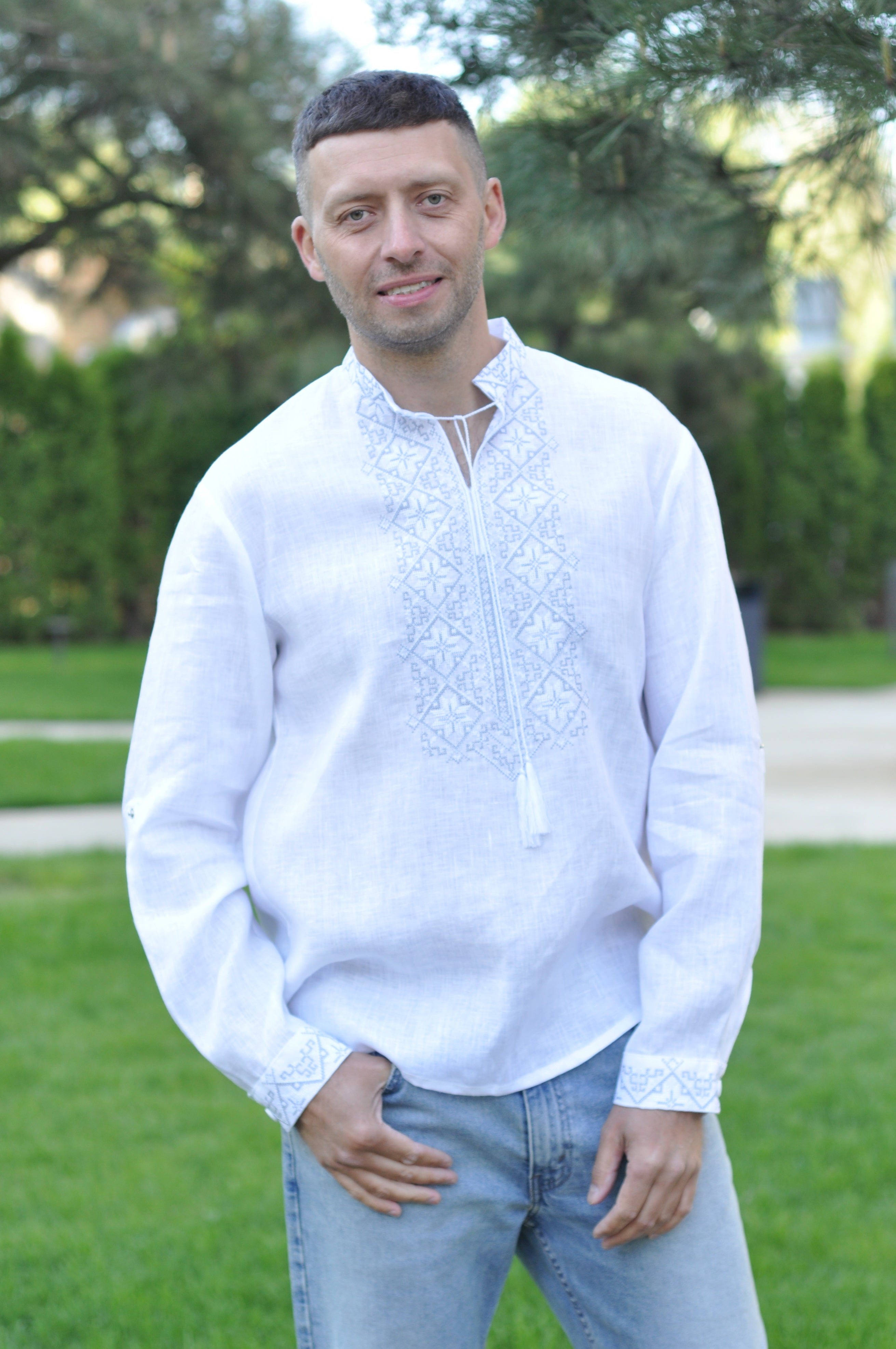 White Mens Vyshyvanka Ukrainian Embroidered Long Sleeve Shirt