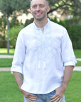 Men's wedding shirt with White on White embroidery