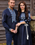 Dark navy embroidered linen outfit for couples with light blue and milk-toned ornament