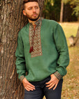 Green Linen Couple Set: Men’s Embroidered Shirt & Women’s Embroidered Maxi Dress