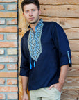 Men’s Dark Blue Linen Embroidered Shirt with Geometric Pattern | Transformable Sleeve Vyshyvanka