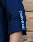 Men’s Dark Blue Linen Embroidered Shirt with Geometric Pattern | Transformable Sleeve Vyshyvanka