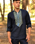 Men’s Dark Blue Linen Embroidered Shirt with Geometric Pattern | Transformable Sleeve Vyshyvanka