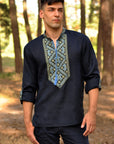 Men’s Dark Blue Linen Embroidered Shirt with Geometric Pattern | Transformable Sleeve Vyshyvanka