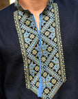 Men’s Dark Blue Linen Embroidered Shirt with Geometric Pattern | Transformable Sleeve Vyshyvanka