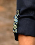 Men’s Dark Blue Linen Embroidered Shirt with Geometric Pattern | Transformable Sleeve Vyshyvanka