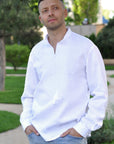 White linen men’s vyshyvanka with white-on-white geometric embroidery