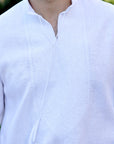White Linen Men’s Vyshyvanka with White-on-White Geometric Embroidery