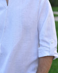 White Linen Men’s Vyshyvanka with White-on-White Geometric Embroidery