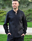 Black men’s linen vyshyvanka with black-on-black embroidery and transformable long sleeves