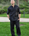 Black men’s linen vyshyvanka with black-on-black embroidery and transformable long sleeves