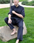 Black Men’s Linen Vyshyvanka with Black-on-Black Embroidery
