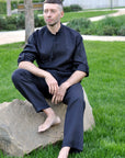 Black Men’s Linen Vyshyvanka with Black-on-Black Embroidery
