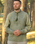 Vyshyvanka for man with the emblem of Ukraine in khaki color
