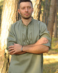Vyshyvanka for man with the emblem of Ukraine in khaki color