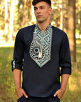 Exclusive ukrainian embroidered men`s shirt - vyshyvanka Bandura