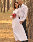 Elegant embroidered outfit for a church wedding in white cotton