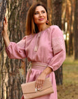 Powder Pink Linen Couple Set: Men’s Embroidered Shirt & Women’s Maxi Dress