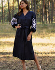 Dark Blue Linen Embroidered Dress with White Rose Ornament