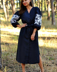 Dark blue linen embroidered dress with white rose ornament