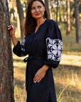 Women’s dark blue embroidered linen dress with contrasting white embroidery