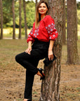 Red Ukrainian-style embroidered blouse with geometric ornament