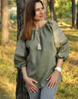 Women’s khaki embroidered blouse in natural linen with 3/4 sleeves