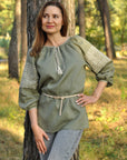 Earth-tone Ukrainian-style embroidered blouse with geometric ornament