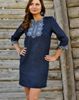 Women’s dark blue embroidered dress with rich chest ornament