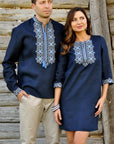 Linen mini dress with relaxed silhouette and side seam pockets and mens dark blue vyshyvanka
