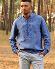 Blue Linen Couple Set: Men’s Embroidered Shirt & Women’s Embroidered Dress