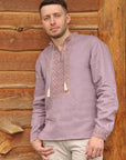 Men’s embroidered linen shirt with stand collar and cuff detail
