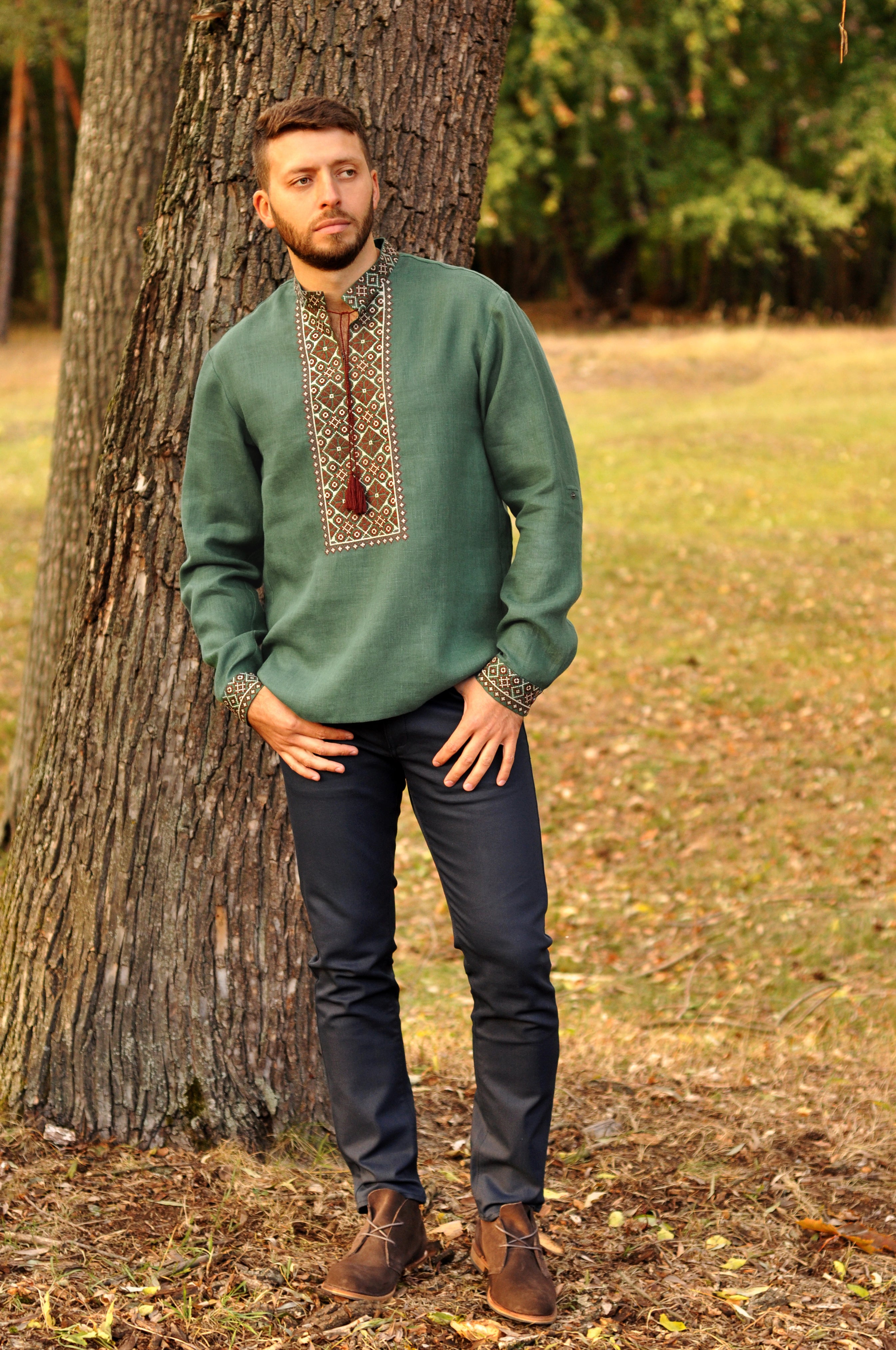 Green linen embroidered men`s shirt with geometric ornament – Vyshyvanka by Masik Valeriy