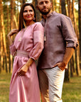 Elegant embroidered couple outfit in natural linen with symbolic Ukrainian-inspired ornament