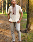 Modern beige linen vyshyvanka with short sleeves