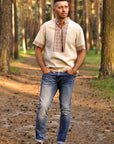 Modern beige linen vyshyvanka with short sleeves
