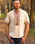 Modern beige linen vyshyvanka with short sleeves