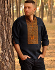 Dark blue embroidered men's shirt with bronze ornament